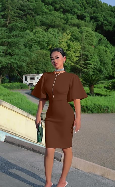 Women's Basic Bodycon Ruffle Flared Short Sleeve Pencil Midi Dress - Image 2