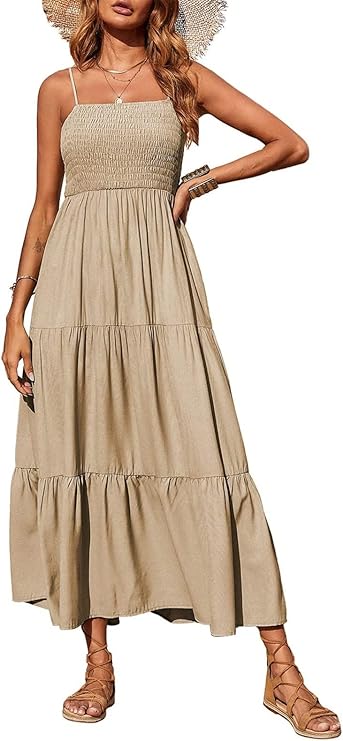 Women's Summer Maxi Dress 2025 Casual Boho Sleeveless Spaghetti Strap Smocked Tiered Long Beach Sundresses
