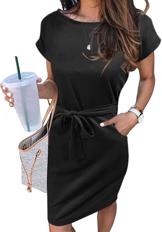 Women's Summer Striped Short Sleeve T Shirt Dress Casual Tie Waist with Pockets