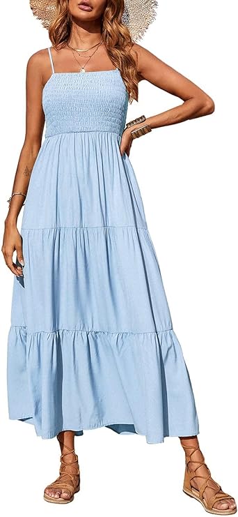 Women's Summer Maxi Dress 2025 Casual Boho Sleeveless Spaghetti Strap Smocked Tiered Long Beach Sundresses