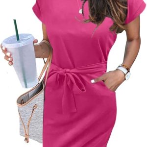 Women's Summer Striped Short Sleeve T Shirt Dress Casual Tie Waist with Pockets