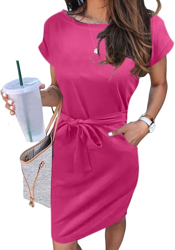 Women's Summer Striped Short Sleeve T Shirt Dress Casual Tie Waist with Pockets