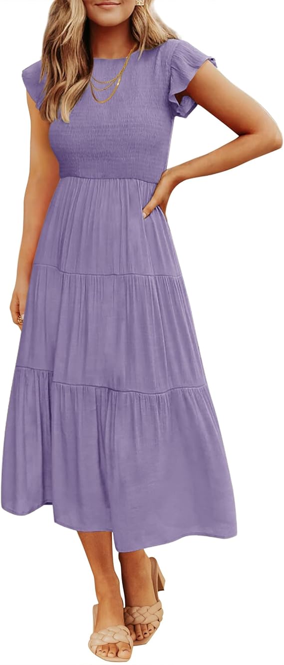 Women's 2025 Summer Casual Flutter Short Sleeve Crew Neck Smocked Elastic Waist Tiered Midi Dress