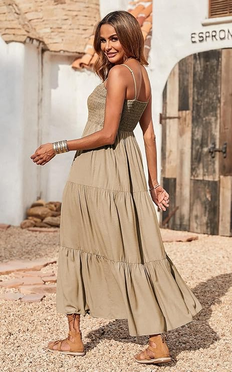 Women's Summer Maxi Dress 2025 Casual Boho Sleeveless Spaghetti Strap Smocked Tiered Long Beach Sundresses - Image 3