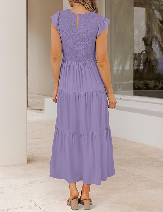 Women's 2025 Summer Casual Flutter Short Sleeve Crew Neck Smocked Elastic Waist Tiered Midi Dress - Image 3