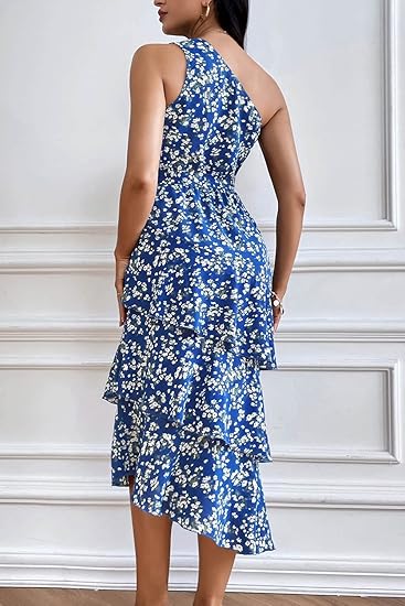 Women's Summer Floral Sundress Casual One Shoulder Tiered Ruffle Flowy Midi Beach Boho Dresses - Image 2