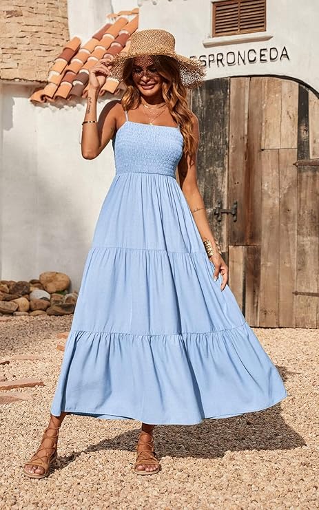 Women's Summer Maxi Dress 2025 Casual Boho Sleeveless Spaghetti Strap Smocked Tiered Long Beach Sundresses - Image 6