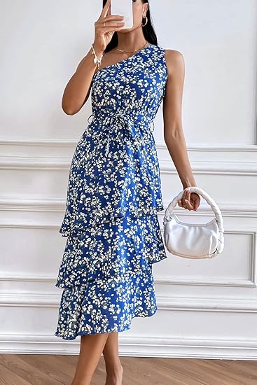 Women's Summer Floral Sundress Casual One Shoulder Tiered Ruffle Flowy Midi Beach Boho Dresses - Image 3