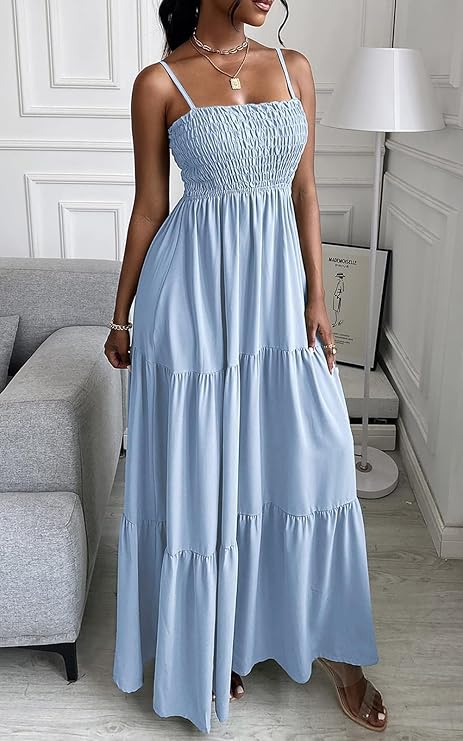 Women's Summer Maxi Dress 2025 Casual Boho Sleeveless Spaghetti Strap Smocked Tiered Long Beach Sundresses - Image 5