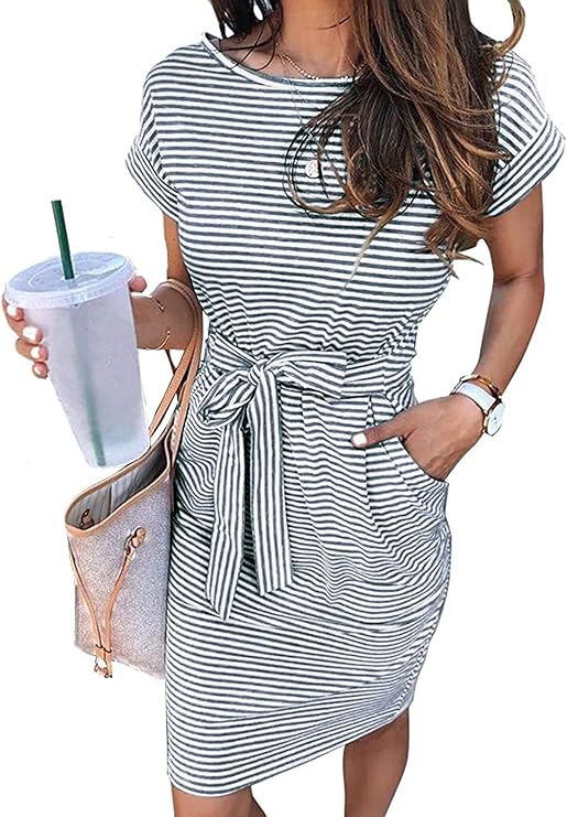 Women's Summer Striped Short Sleeve T Shirt Dress Casual Tie Waist with Pockets