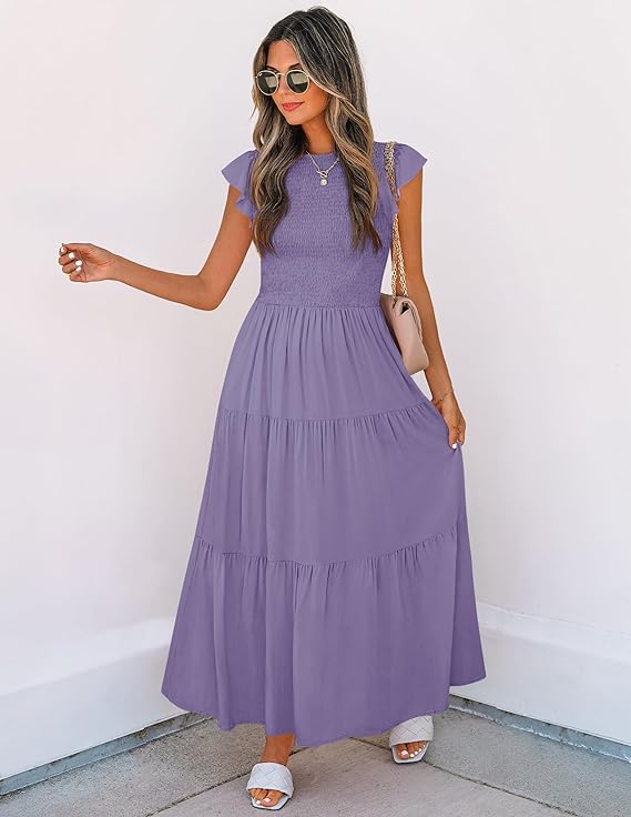 Women's 2025 Summer Casual Flutter Short Sleeve Crew Neck Smocked Elastic Waist Tiered Midi Dress - Image 4