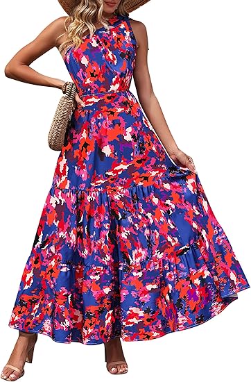 Women's Summer Floral Maxi Dress Knot One Shoulder Sleeveless Ruffle Flowy Boho Beach Wedding Guest Dresses