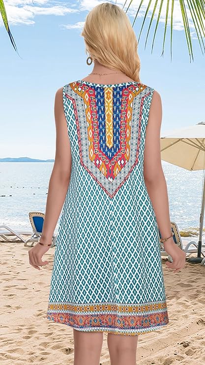 Summer Dresses for Women Beach Boho Sleeveless Vintage Floral Flowy Pocket Tshirt Tank Sundresses - Image 5