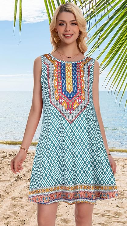 Summer Dresses for Women Beach Boho Sleeveless Vintage Floral Flowy Pocket Tshirt Tank Sundresses - Image 4