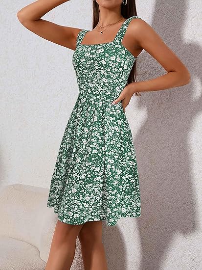 Women's Summer Casual Square Neck Dress with Pocket Cute Sleeveless High Waist A-line Sundress Midi Dresses - Image 2