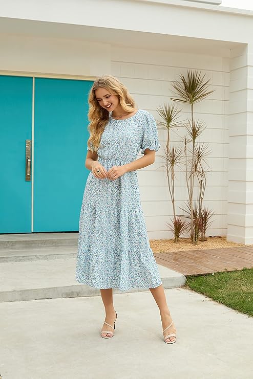 Women's 2025 Spring Summer Casual Loose Crewneck Boho Dress Ruffle Puff Sleeve High Waist Midi Dress - Image 5