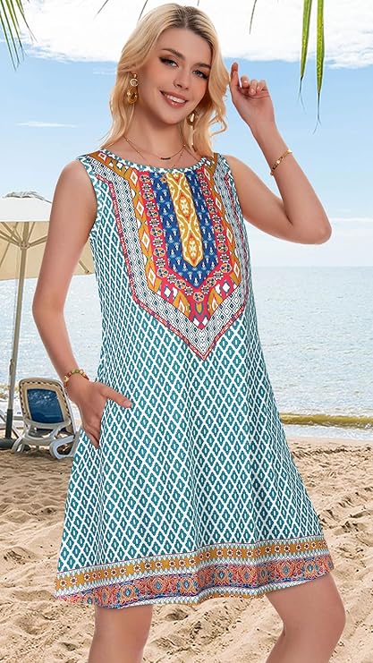 Summer Dresses for Women Beach Boho Sleeveless Vintage Floral Flowy Pocket Tshirt Tank Sundresses - Image 2