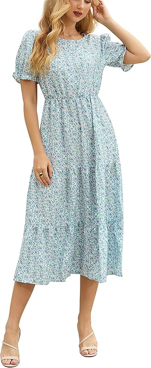 Women's 2025 Spring Summer Casual Loose Crewneck Boho Dress Ruffle Puff Sleeve High Waist Midi Dress