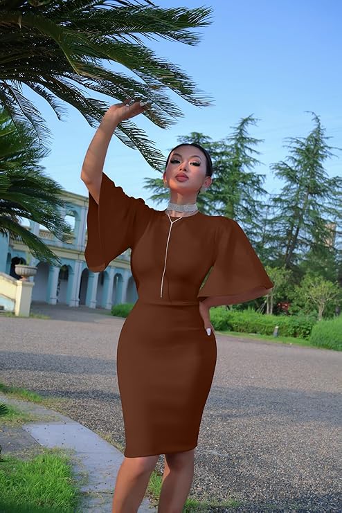 Women's Basic Bodycon Ruffle Flared Short Sleeve Pencil Midi Dress - Image 3