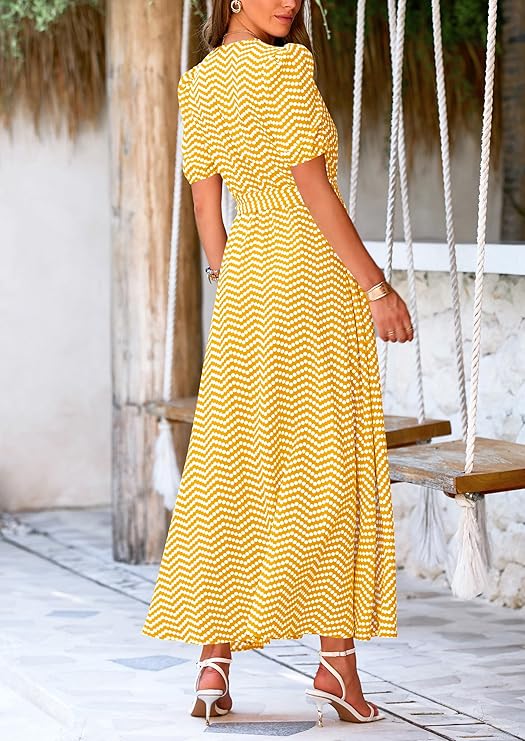 Women's Summer Wrap Maxi Dress Casual Short Sleeve Floral Boho V Neck Split Ruffle Beach Long Dresses - Image 6