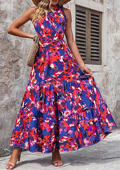 Women's Summer Floral Maxi Dress Knot One Shoulder Sleeveless Ruffle Flowy Boho Beach Wedding Guest Dresses - Image 3