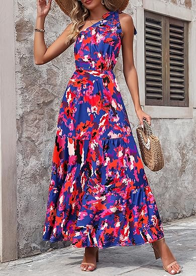 Women's Summer Floral Maxi Dress Knot One Shoulder Sleeveless Ruffle Flowy Boho Beach Wedding Guest Dresses - Image 5