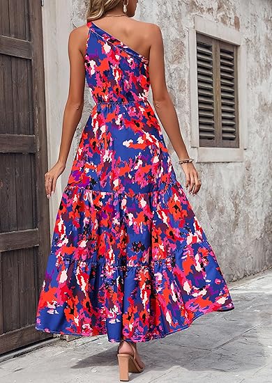 Women's Summer Floral Maxi Dress Knot One Shoulder Sleeveless Ruffle Flowy Boho Beach Wedding Guest Dresses - Image 2